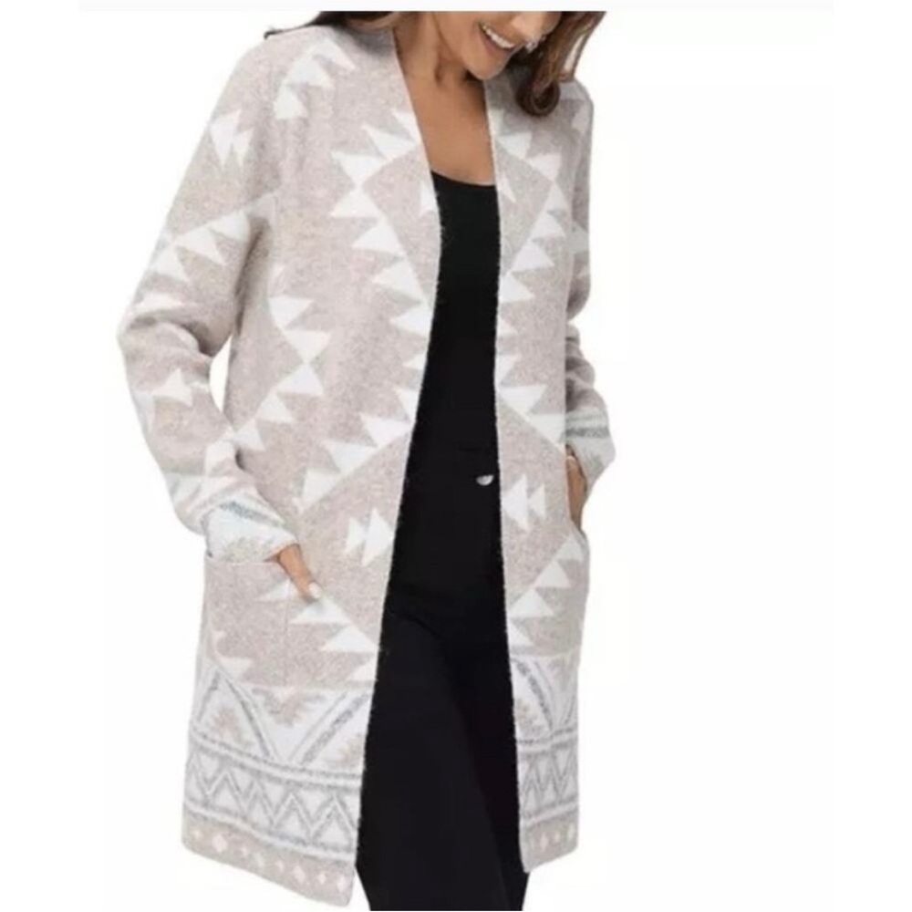 Frye Women's Xlarge Beige and White Geometric Aztec long Cardigan Sweater - Picture 3 of 9